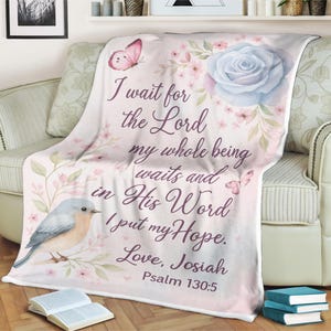 Manta cristiana personalizada con versículo bíblico, salmo y escritura, regalo personalizado con nombre para bautismo, confirmación, fe y esperanza.