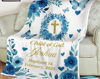 Personalized Baptism Blanket for Baby Boy or Girl Custom Name Cross Throw Child of God Christening Gift with Date Keepsake