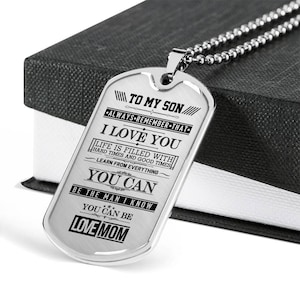 Family background dog tag necklace to my son, remember that i love you, love mom, fathers day gift, my son dog tag military chain necklace