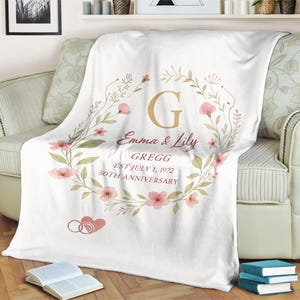 Personalized Anniversary Blanket Custom Couple Names and Date Elegant Floral Throw for 50th Wedding Gift, Golden Anniversary, Keepsake Decor