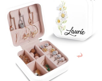 Boîte à bijoux personnalisée avec fleurs pour le mois de naissance, boîte à bijoux de voyage, boîte à bijoux personnalisée avec fleurs pour le mois de naissance, cadeau d'anniversaire pour elle