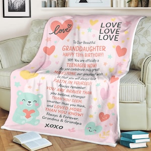 Personalized 13th Birthday Blanket for Granddaughter  From Grandma & Grandpa to Olivia  Heart Design, Inspirational Teen Girl Gift