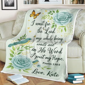 Manta cristiana personalizada con versículo bíblico Salmo 130:5, manta con nombre personalizado, regalo para bautismo, confirmación, fe y esperanza