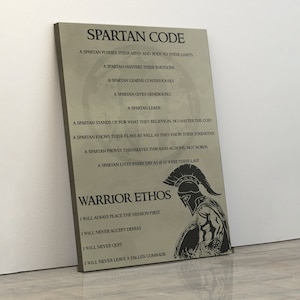 May include: A motivational poster with a Spartan warrior graphic and text that reads "Spartan Code" and "Warrior Ethos". The text describes the code of conduct for a Spartan warrior, including phrases like "A Spartan pushes their mind and body to their limits" and "A Spartan lives every day as if it were their last". The text also includes the warrior ethos, which includes phrases like "I will always place the mission first" and "I will never leave a fallen comrade".