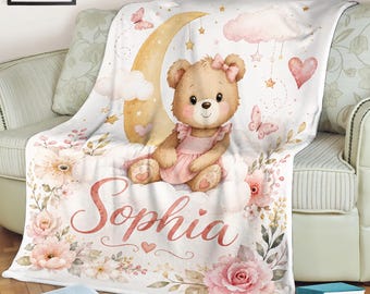 Manta personalizada de osito de peluche para bebé, manta polar para niña, manta con nombre para la habitación del bebé, regalo para baby shower, decoración de oso lunar