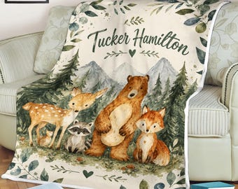 Personalized Woodland Family Blanket, Custom Family Name Blanket, Forest Animal Blanket, Bear Fox Deer Nursery Gift, Family Keepsake