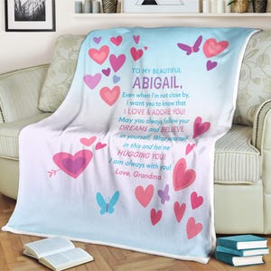 Personalized Granddaughter Blanket for Abigail  Heartfelt Hug from Grandma Pink & Purple Heart Inspirational Love Message Keepsake