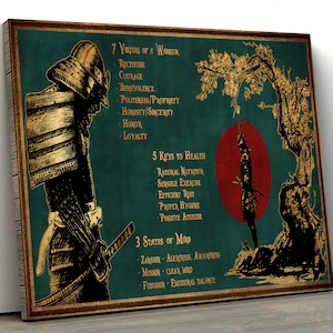 Samurai canvas poster 7 virtues of a Warrior rectitude courage 5 keys to health rational nutrition 3 states of mind zanshin mushin fudoshin