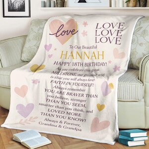 Personalized 18th Birthday Blanket for Granddaughter Hannah Custom Gift from Grandma & Grandpa Milestone Birthday Throw Blanket