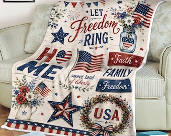 Patriotic Fleece Blanket, American Flag Throw Blanket, Independence Day Decor, 4th of July Gift, USA Freedom Blanket, Rustic Americana