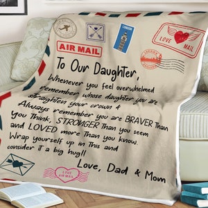 Manta con carta para nuestra hija, siempre recuerda que eres más valiente, más fuerte, ama a papá y mamá, regalo para hija, mejor regalo para, regalos de aniversario