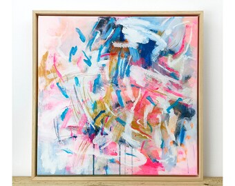Mixed media art on canvas, acrylic paint, painting, gemengde techniek, abstract art, square 50cm x 50cm ((19.69&quot; x 19.69&quot;), Fluo, neon pink