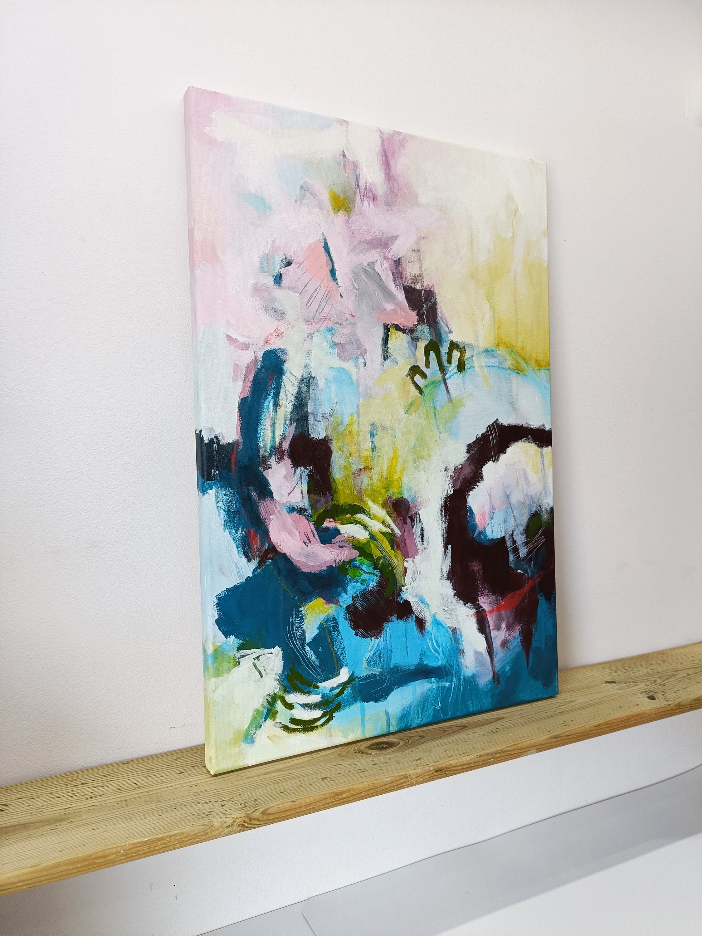 キャンバスに描かれた抽象的なミクストメディア絵画（15.75インチ x