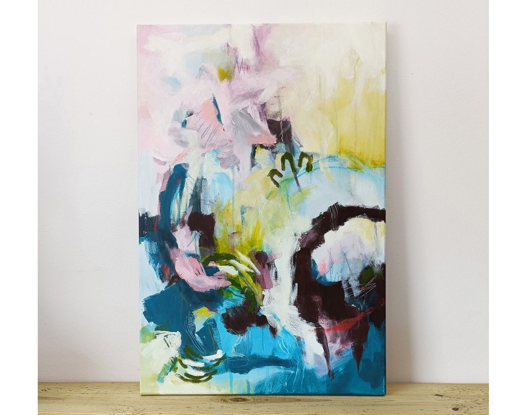 キャンバスに描かれた抽象的なミクストメディア絵画（15.75インチ x