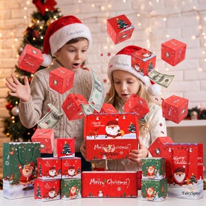 May include: A collection of red and green Christmas-themed gift boxes and bags featuring Santa Claus illustrations and the text Merry Christmas and FairySpire. Several boxes are floating in the air alongside scattered US dollar bills.