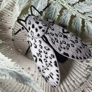 Giant Leopard moth fabric Insect brooch,  Silver White and Black Tiger butterfly jewelry, Hair accessory