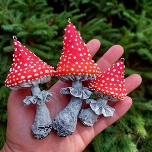Fly Agaric Mushroom Ornaments, Fungus Specimen Toadstool Decoration, Textile sculpture Christmas Tree Bauble