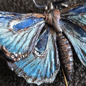 May include: A detailed, close-up of a blue and brown moth sculpture. The wings are a gradient of blues with brown accents, and the body is a textured brown. The sculpture has a realistic, artistic design.
