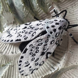 Realistic Giant Leopard moth, Embroidered insect brooch, fabric bugs,   Silver White and Black Tiger textile jewelry, Unusual accessories