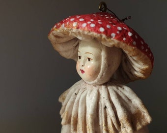 Tiny Boy Mushroom, Human Shaped Toadstool Ornament,  Mythical Creature, Textile Fungus Sculpture