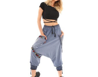 Frauen Viskose Stoff Sommer Haremshose / Elastische Taille Weiche Blaue Lose Haremshose für Frauen / Bunte Hippie Boho Hose