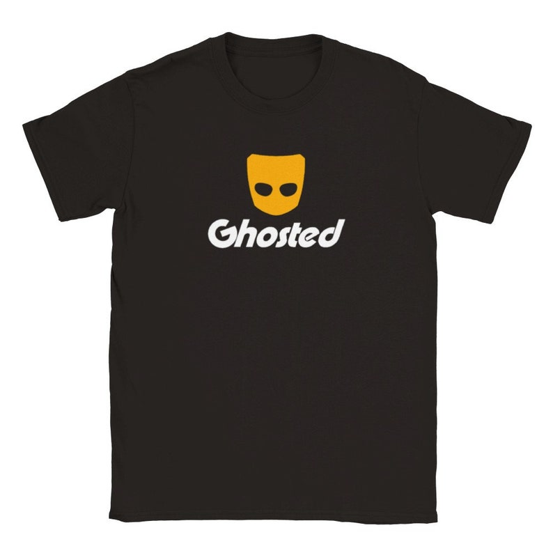May include: Black t-shirt with a yellow ghost face and the word "Ghosted" in white text.