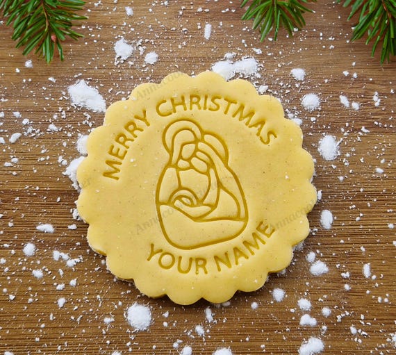 Personalized Name Cookie Cutter and Stamp Christmas Nativity Scene and Merry Christmas Biscuit Mold Perfect Gift Idea for Custom Cookies 8 cm
