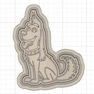 Peut inclure: Illustration d'un chien de style cartoon de couleur beige avec des contours noirs. Le chien est assis, souriant avec la langue sortie et porte un collier. L'image a un effet de superposition, avec plusieurs contours créant un aspect 3D.