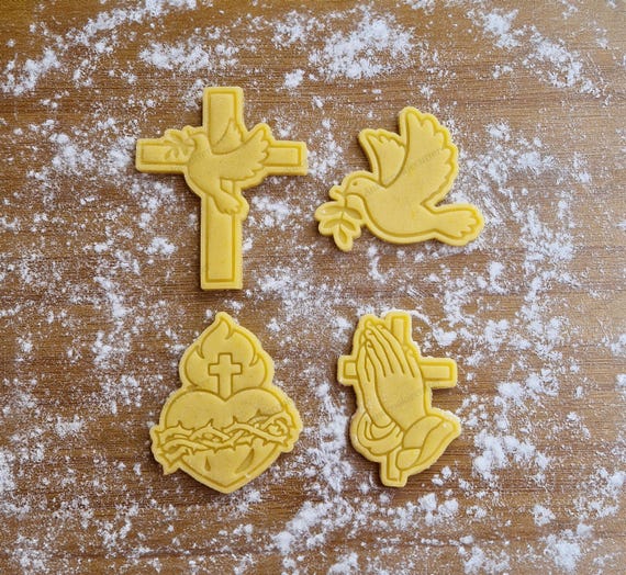Cookie Cutter Sacred Heart of Jesus and Praying Hands with Cross – Dove with Olive Branch, Religious Decoration for Cakes
