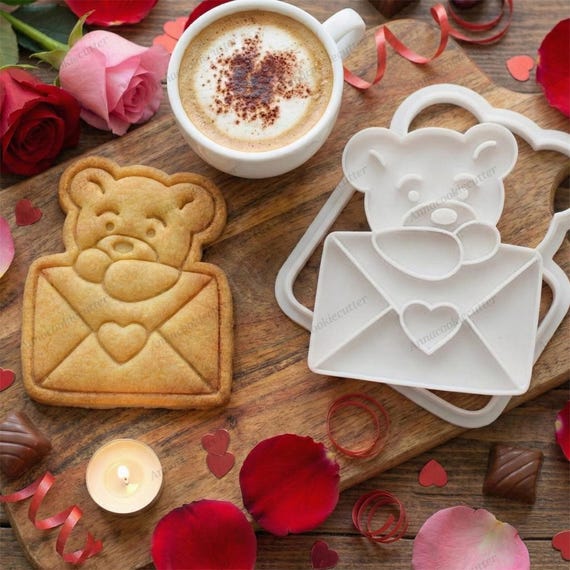 Orsacchiotto Tagliabiscotti e Lettera d'Amore, San Valentino, 7x8 cm, Stampo per Biscotti a Forma di Cuore, Simpatico Regalo da Forno