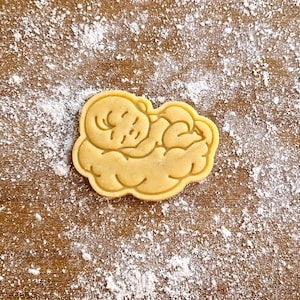 Può includere: Un tagliapasta di colore marrone chiaro a forma di bambino che dorme in una nuvola. Il tagliapasta è fatto di metallo e ha una superficie liscia.