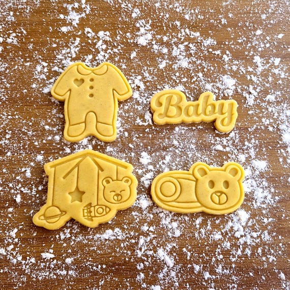 Baby Shower Cookie Cutters Set of 4 - Onesie, Carousel, Teddy Bear & Baby Script - Perfect for Baby Cookies and Treats