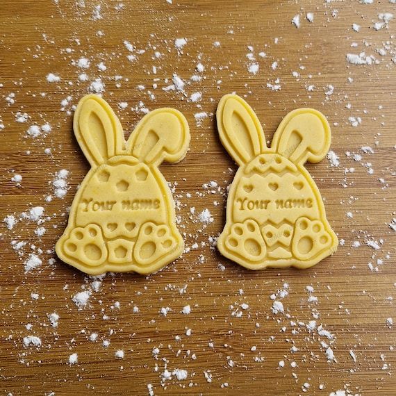 Customizable Cute Rabbit Cookie Cutter | Personalized Bunny Egg Baking Stamp for Easter | Unique Cookie Mold with Name