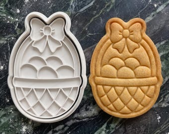 Easter Basket Cookie Cutter with Stamp | Egg Basket Biscuit Mold | Spring Fondant Tool for Baking and Cookie Decorating