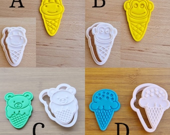Animal Ice Cream Cone Cookie Cutters with Stamps Cute Hippo, Monkey & Bear Embosser Set for Kids Summer Birthday Party Baking