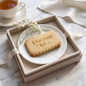 Può includere: Un biscotto rettangolare dai bordi smerlati, con il testo in rilievo "Il tuo testo qui ..." al centro. Il biscotto poggia su un piattino bianco all'interno di una scatola foderata in velluto beige, accompagnato da un rametto di gipsofila bianca.
