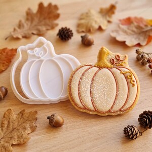 Può includere: Un tagliabiscotti in plastica bianca a forma di zucca accanto a un biscotto decorato a forma di zucca con glassa color sabbia, dettagli marroni e una spolverata di zucchero bianco. Il biscotto presenta un picciolo dorato e un viticcio.
