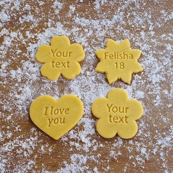 Custom Text Heart, Flower, Star Cookie Cutters Set | 4pcs Decorative Biscuit Stamps for Sweets, Cakes & Parties 8 cm
