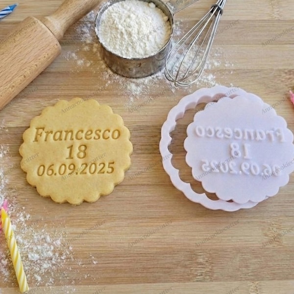 Cortador de biscoitos personalizado com nome, idade e data para aniversários, batizados, festas de 18 anos e lembrancinhas de festa "faça você mesmo".