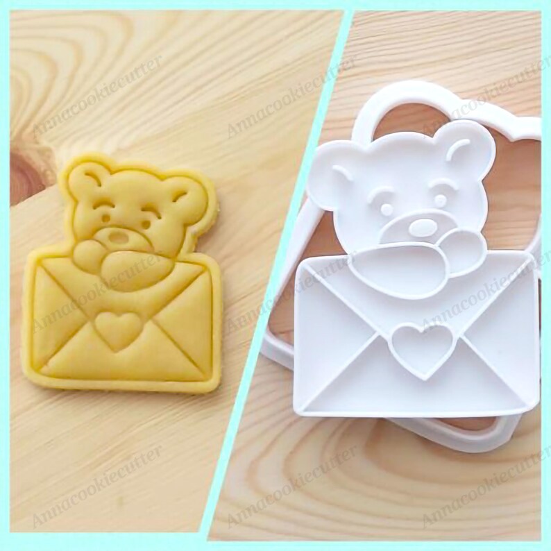 Cortador de galletas con forma de osito de peluche y carta de amor, San Valentín, 7 x 8 cm, cortador de galletas con forma de corazón, bonito regalo para hornear. imagen 2