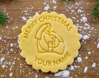 Personalized Name Cookie Cutter and Stamp | Christmas Nativity Scene | Merry Christmas Biscuit Mold Perfect Gift Idea for Custom Cookies 8 cm