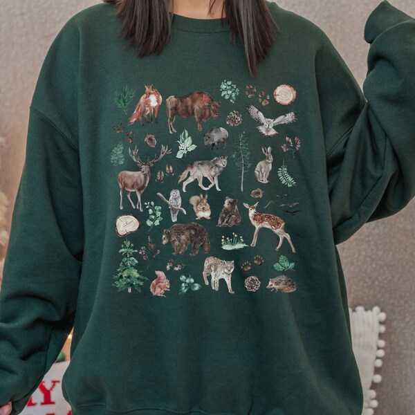 Forest Animal Shirt Cottagecore Sweater Nature Sweatshirt Woodland Crewneck Vintage Wildlife Watercolor Pullover Goblincore Hoodie Cabin