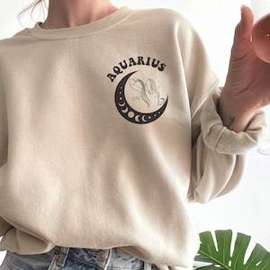 Aquarius Sweatshirt, Zodiac Sign Gift, Mystical Crewneck, Astrology Hoodie Retro Sweater, Horoscope Pullover Birthday Shirt Vintage Sun Moon