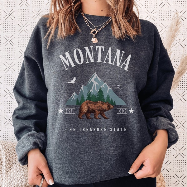 Montana Sweatshirt, Montana Crewneck, MT State Sweater, Bear Pullover Gift, Women Hoodie, Mountain Shirt, Vintage Unisex, Men Hiking Nature