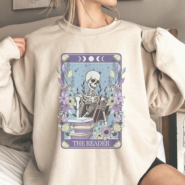 The Reader Sweatshirt Tarot Card Sweater Bookish Crewneck Librarian Clothing Bookworm Apparel Booktrovert Mystical Skeleton Literature Nerd