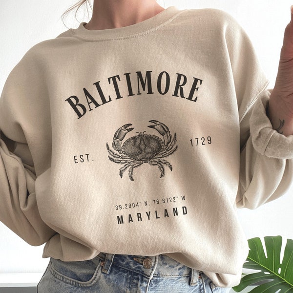 Baltimore Sweatshirt, Maryland Sweater, Crab Pullover, Vintage MA Hoodie, Unisex State Shirt, Women Long Sleeve, Crewneck Jumper Gift