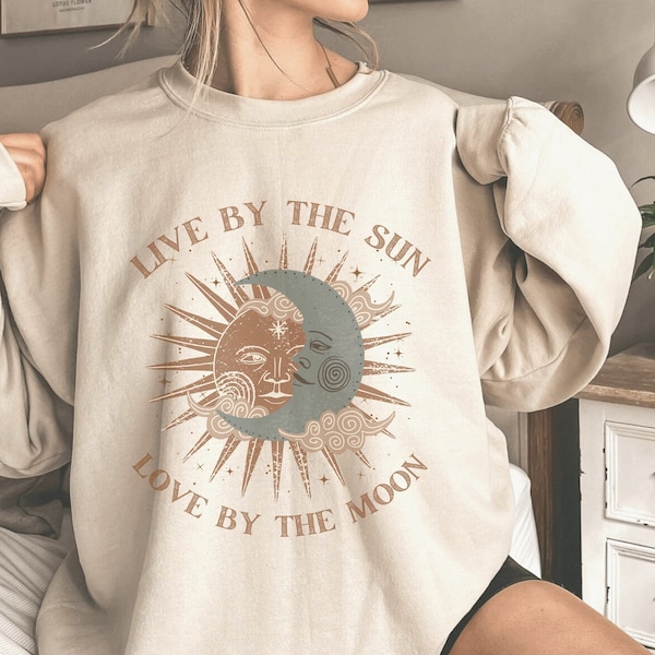 Sun and Moon Sweatshirt | Live by the Sun Love by the Moon Sweater | Vintage Boho Celestial Pullover | Aesthetic Spiritual Crewneck Shirt