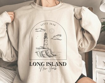 Long Island Sweatshirt New York Sweater Vintage Crewneck Lighthouse Hoodie NYC Pullover Apparel Gift Womens Clothing Mens Long Sleeve Jumper