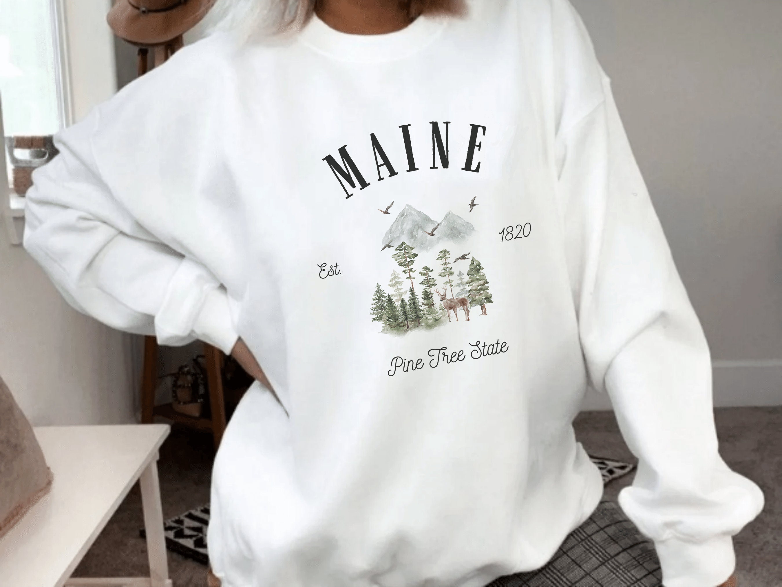 Discover Maine Sweatshirt, Pine Tree State, New England Shirt, Womens Sweater, Vintage Pullover Mountain Crewneck Portland Apparel Hoodie Unisex Gifts