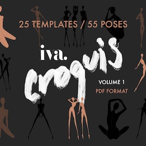 Puede incluir: Un conjunto de 25 plantillas para ilustración de moda, con 55 poses de figuras femeninas en diversas posiciones. Las plantillas están en formato PDF y se titulan "iva. croquis VOLUME 1".